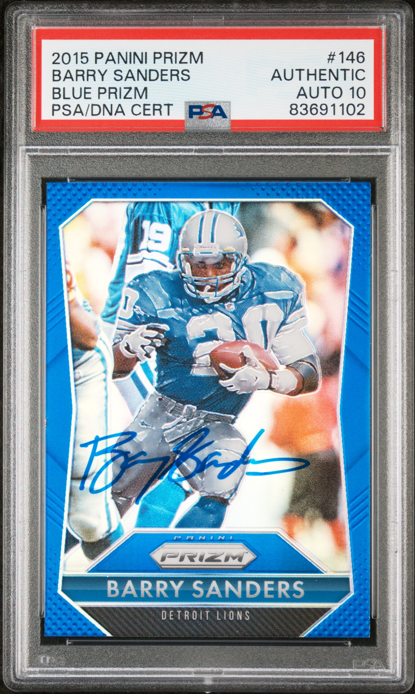 Barry Sanders 2015 Panini Prizm Blue Signed Card #146 Graded PSA 10 83691102