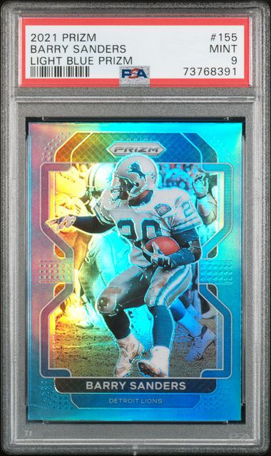 Barry Sanders 2021 Panini Light Blue Prizm Football Card #155 Graded PSA 9