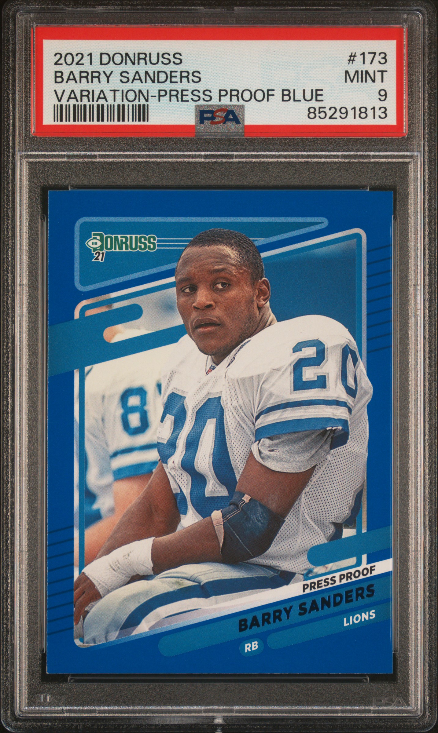 Barry Sanders 2021 Panini Donruss Variation Press Proof Blue Card #173 PSA 9