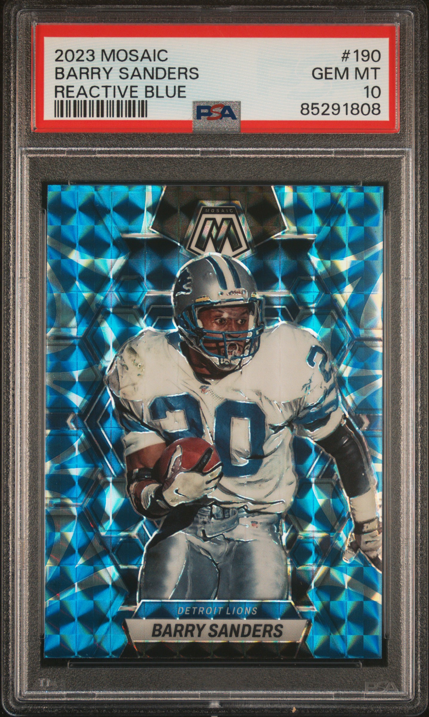 Barry Sanders 2023 Panini Mosaic Reactive Blue Football Card #190 Graded PSA 10