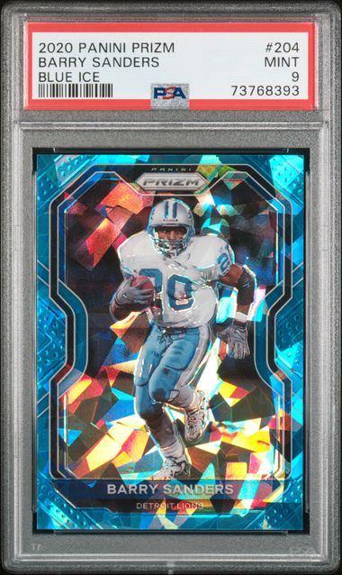 Barry Sanders 2020 Panini Blue Ice Prizm Football Card #204 Graded PSA 9 29/99