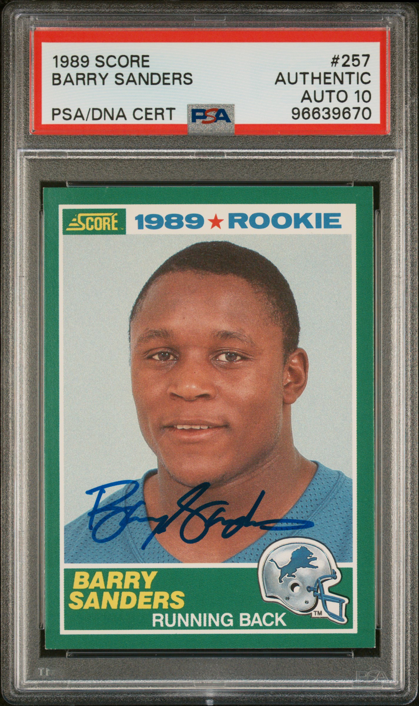 Barry Sanders 1989 Score Signed Football Rookie Card #257 Auto PSA 10 96639670