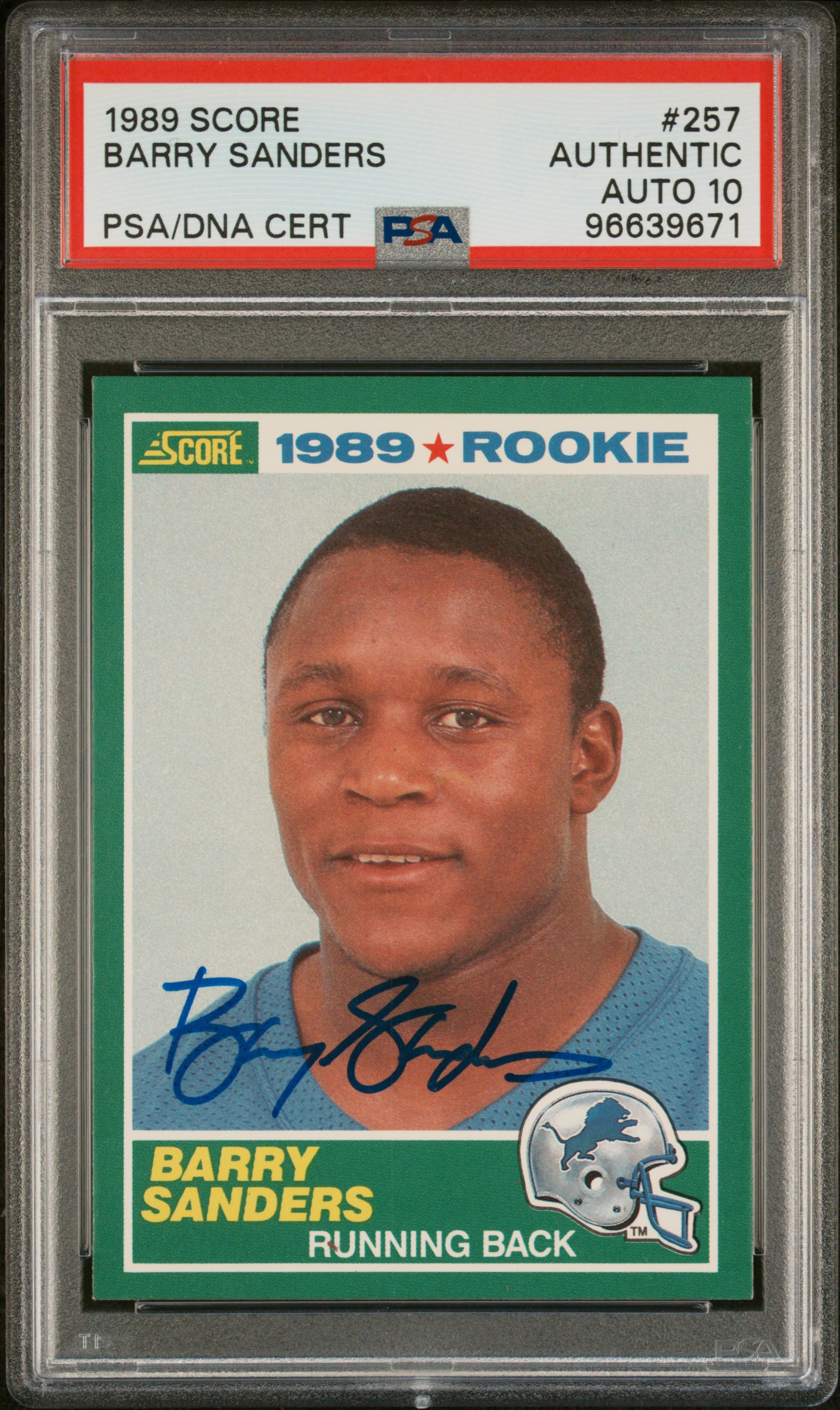 Barry Sanders 1989 Score Signed Football Rookie Card #257 Auto PSA 10 96639671