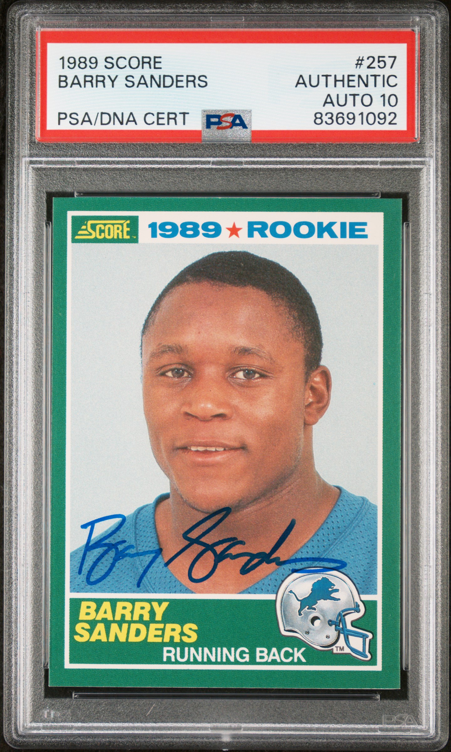 Barry Sanders 1989 Score Signed Football Rookie Card #257 Graded PSA 10 83691092