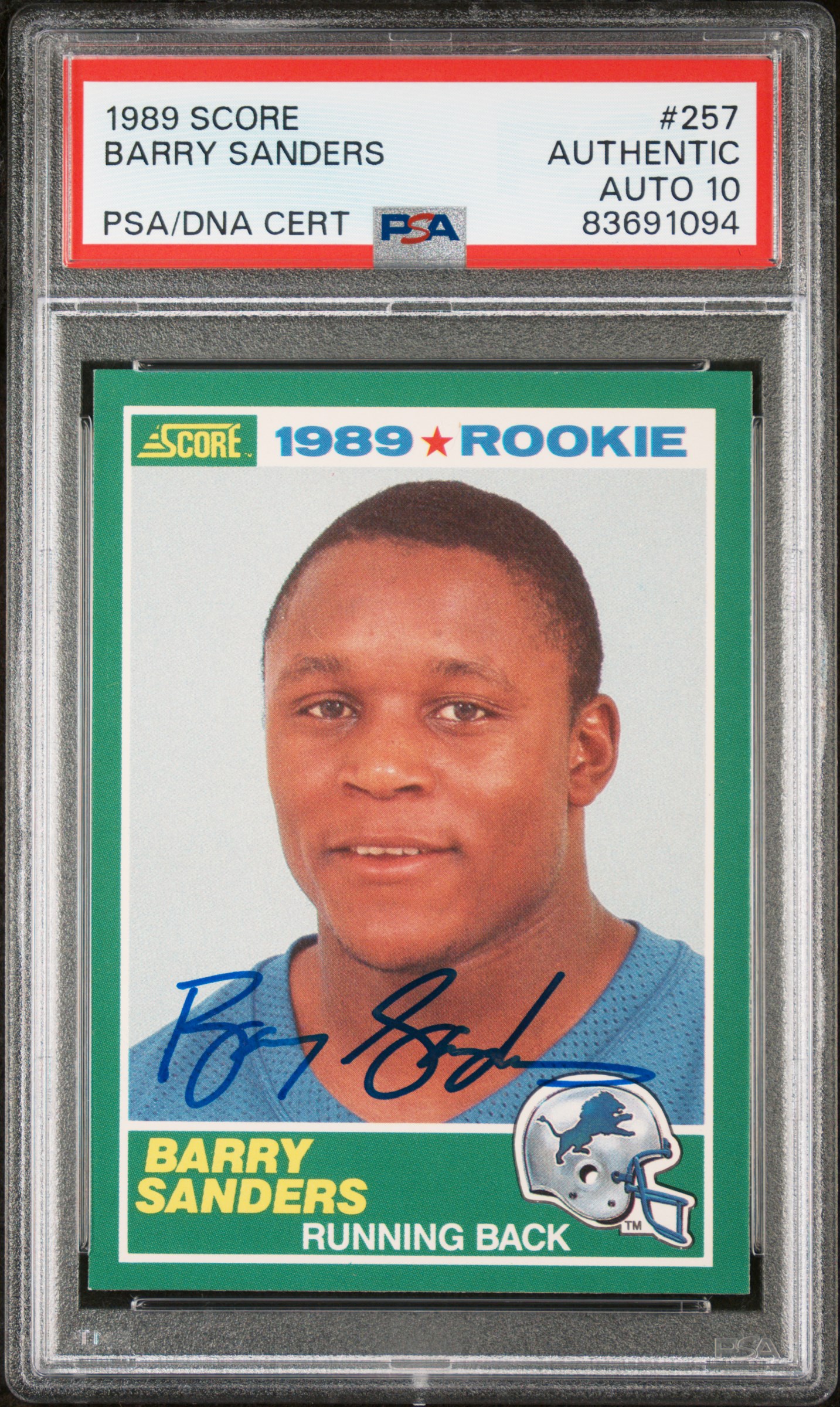 Barry Sanders 1989 Score Signed Football Rookie Card #257 Graded PSA 10 83691094