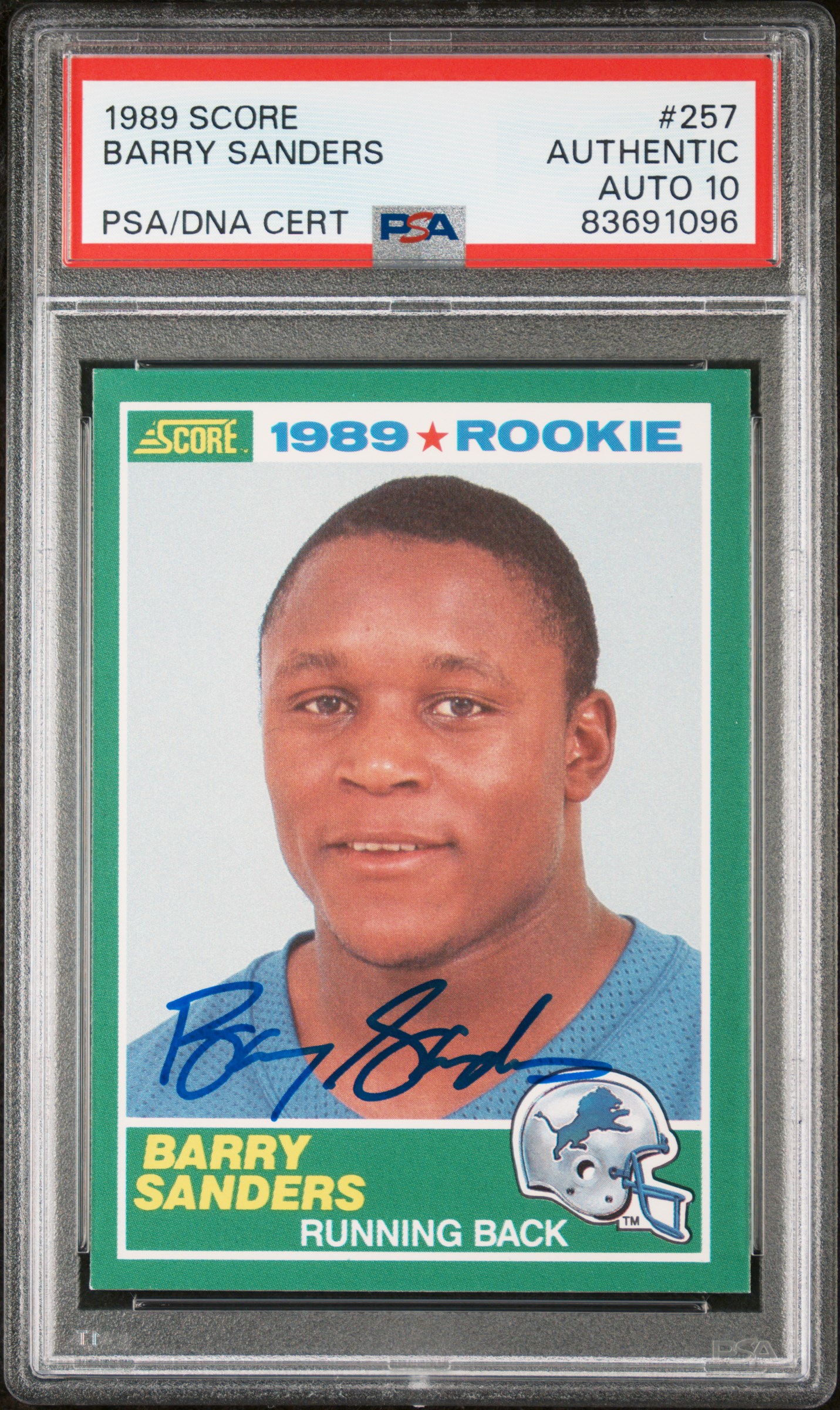 Barry Sanders 1989 Score Signed Football Rookie Card #257 Graded PSA 10 83691096