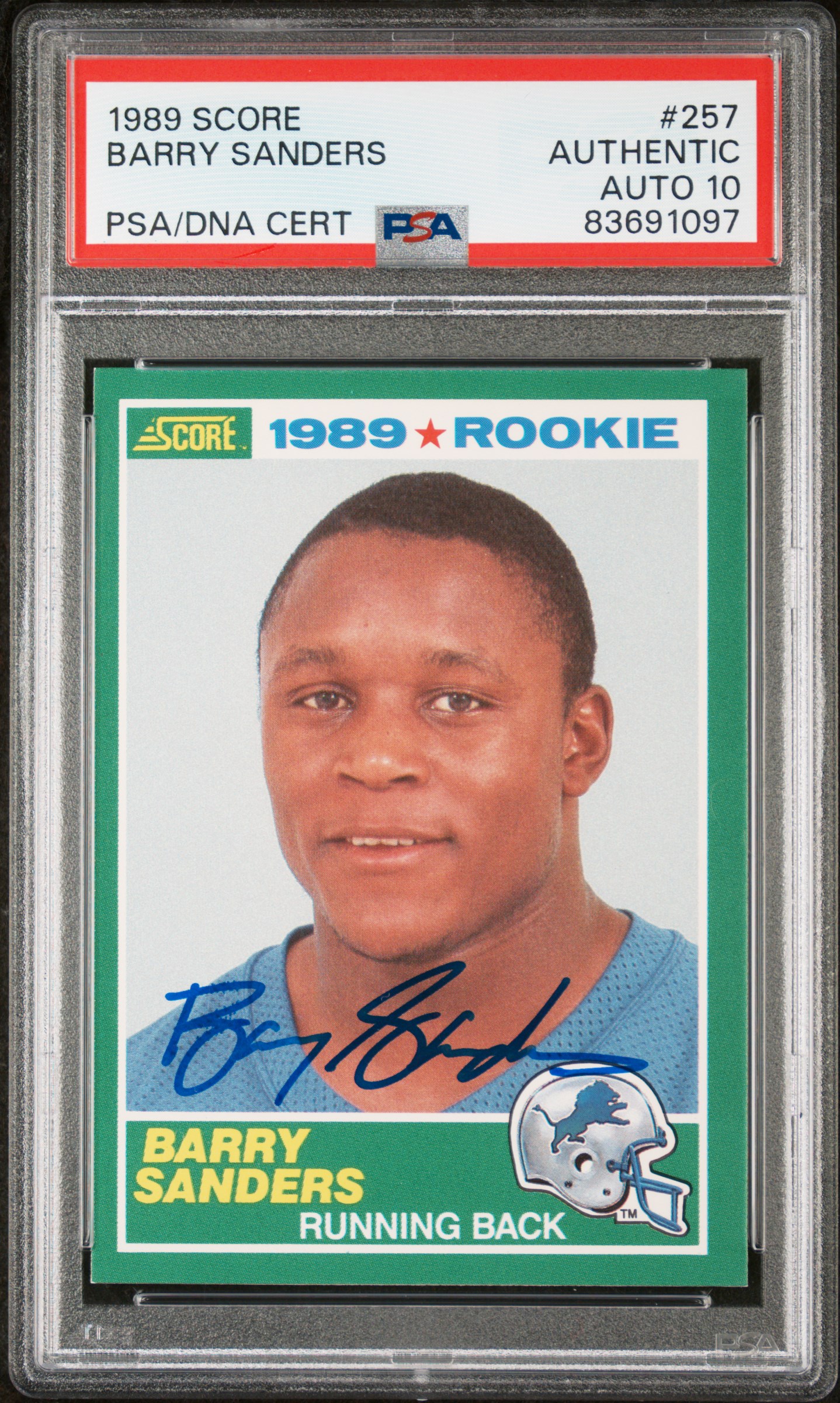 Barry Sanders 1989 Score Signed Football Rookie Card #257 Graded PSA 10 83691097