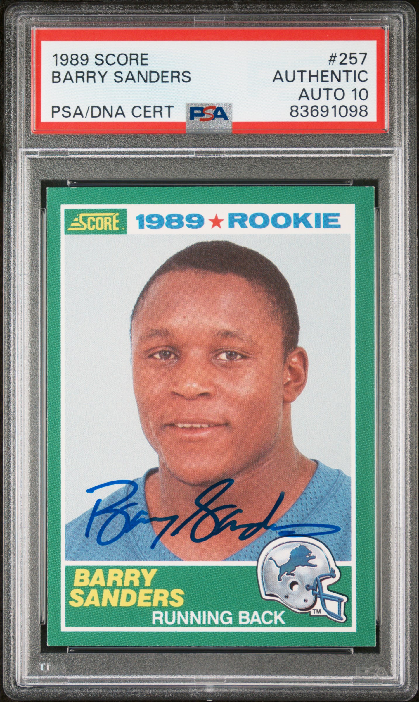 Barry Sanders 1989 Score Signed Football Rookie Card #257 Graded PSA 10 83691098