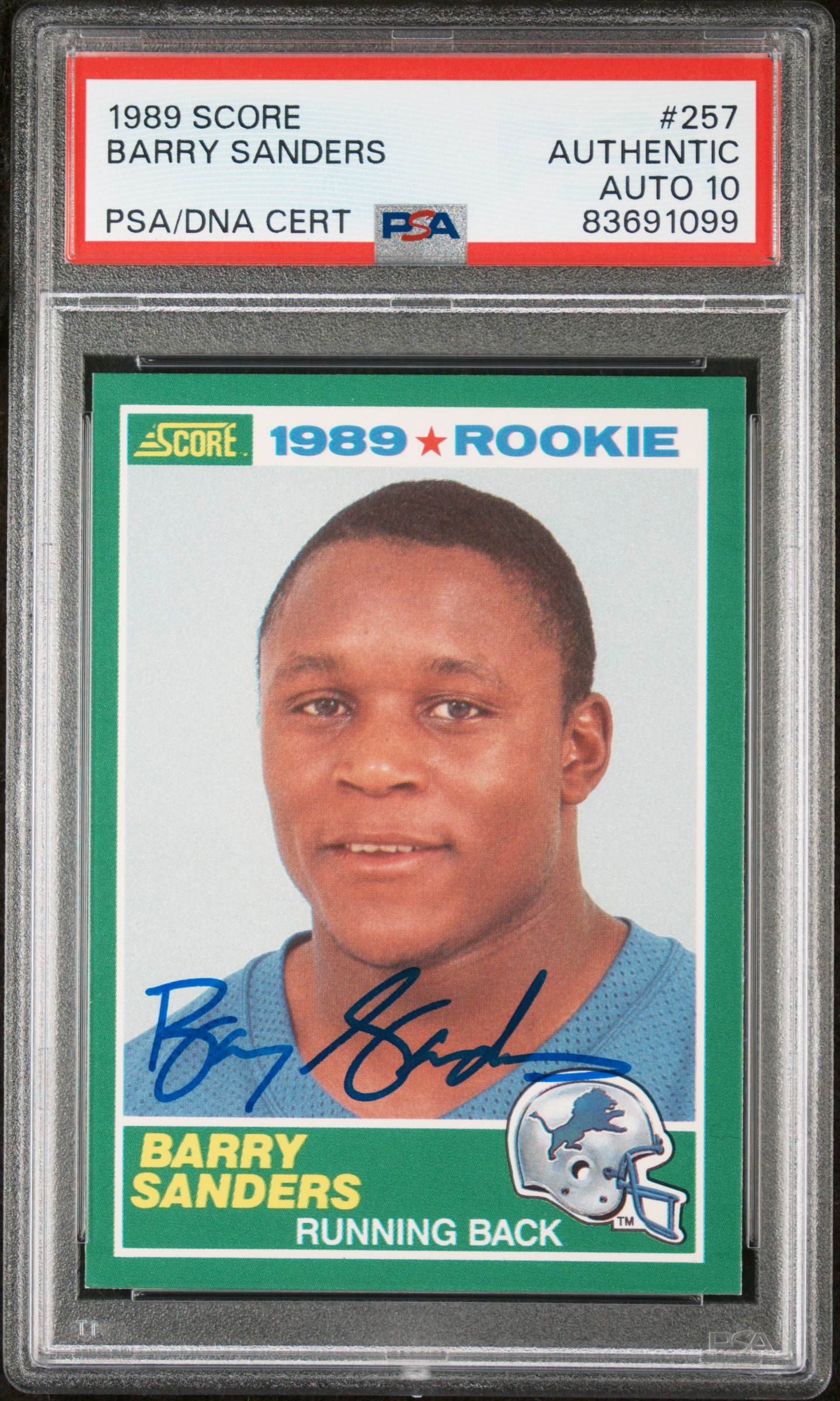 Barry Sanders 1989 Score Signed Football Rookie Card #257 Graded PSA 10 83691099