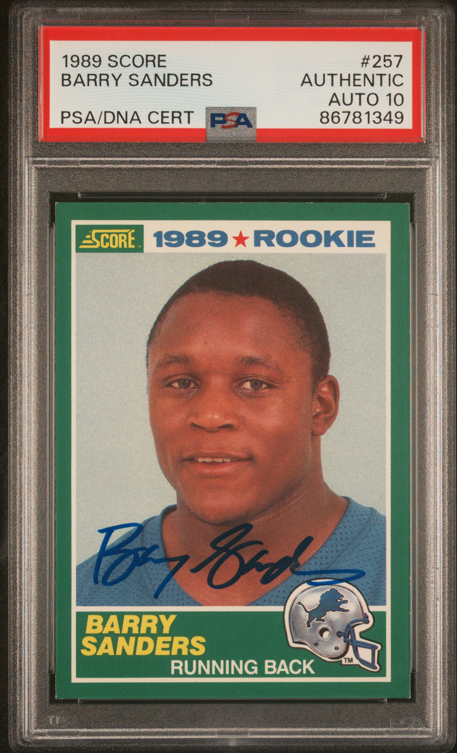 Barry Sanders 1989 Score Signed Football Rookie Card #257 Auto PSA 10 86781349