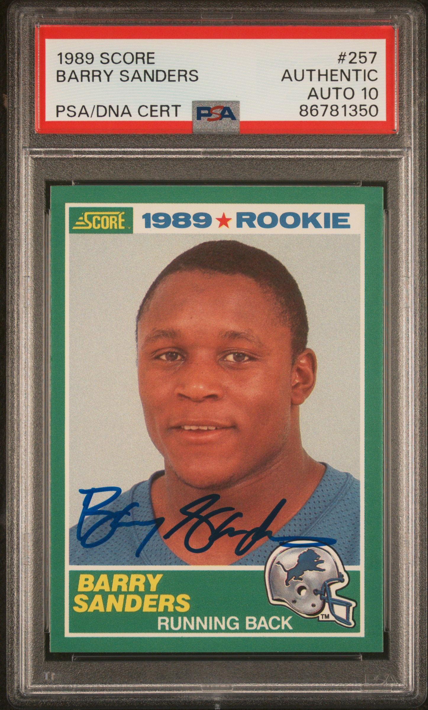 Barry Sanders 1989 Score Signed Football Rookie Card #257 Auto PSA 10 86781350