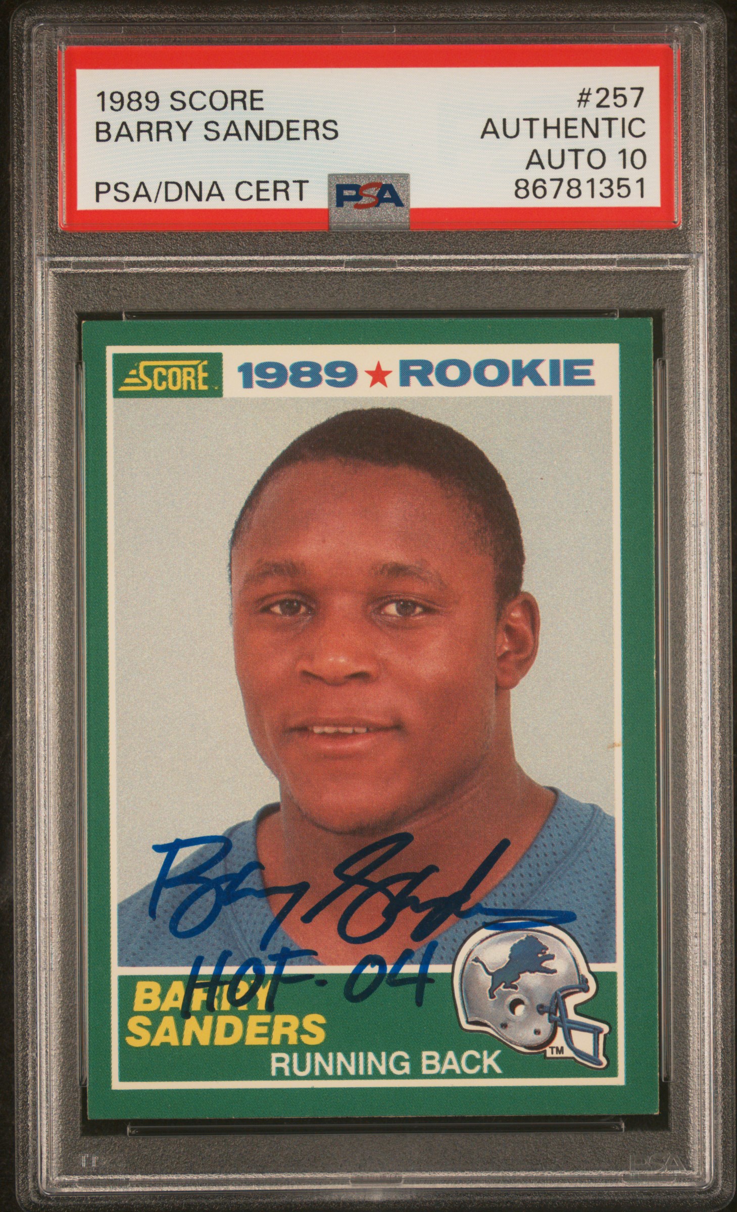 Barry Sanders 1989 Score Signed HOF 04 Rookie Card #257 Auto PSA 10 86781351