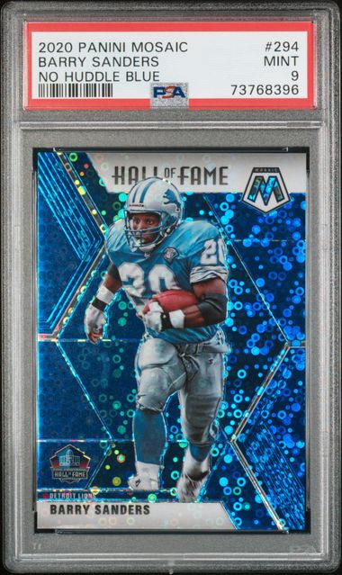 Barry Sanders 2020 Panini Mosaic No Huddle Blue Card #294 Graded PSA 9 32/75