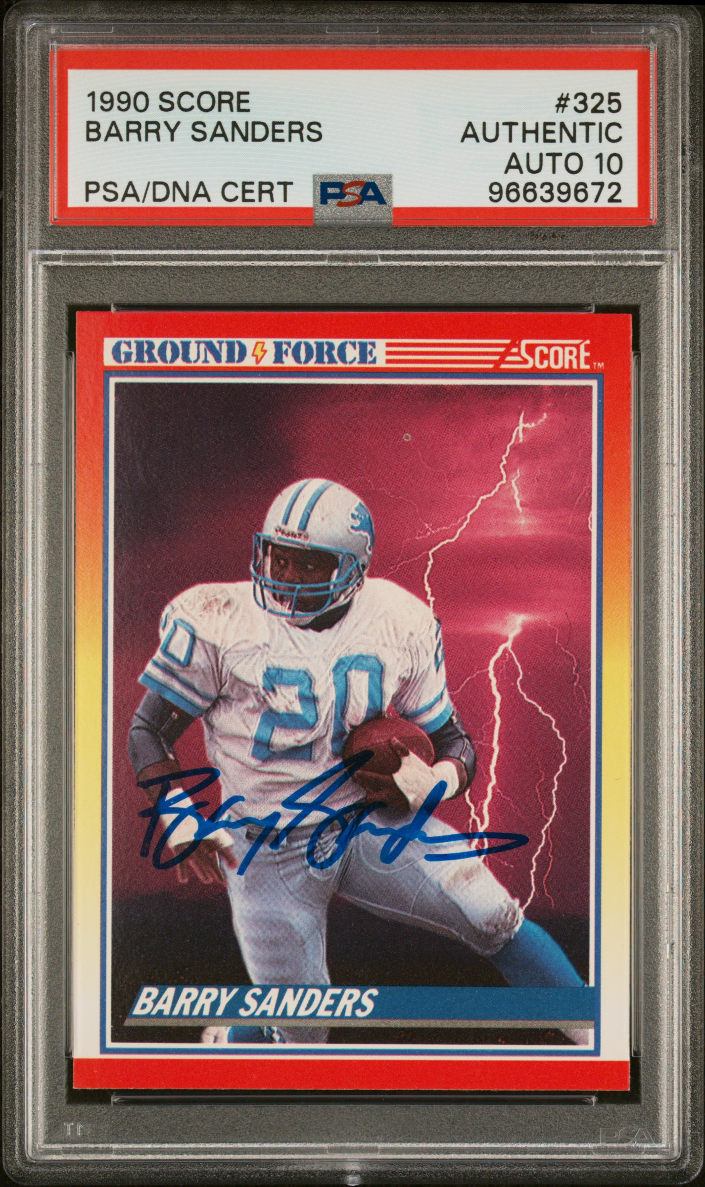 Barry Sanders 1990 Score Signed Football Card #325 Auto Graded PSA 10 96639672