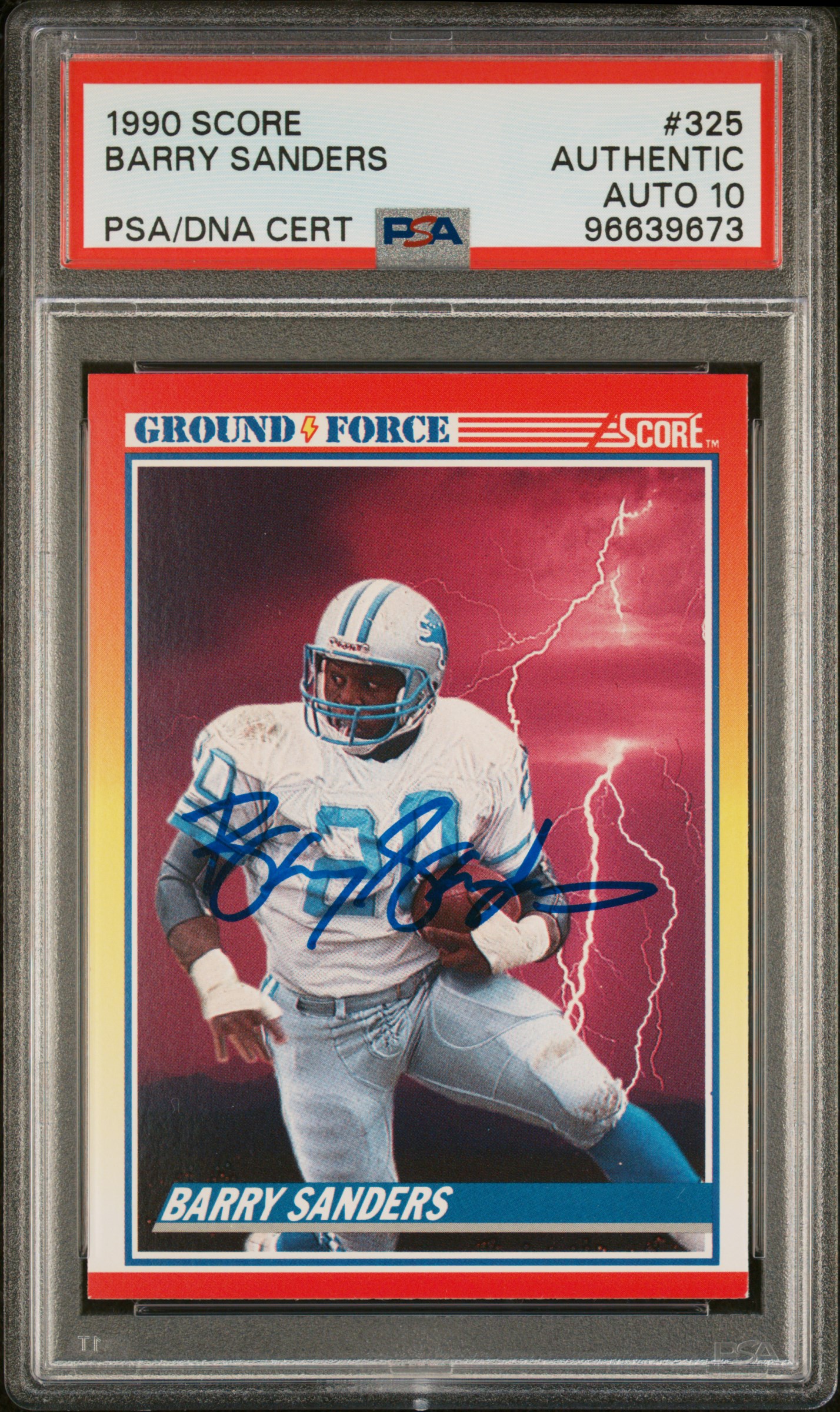 Barry Sanders 1990 Score Signed Football Card #325 Auto Graded PSA 10 96639673