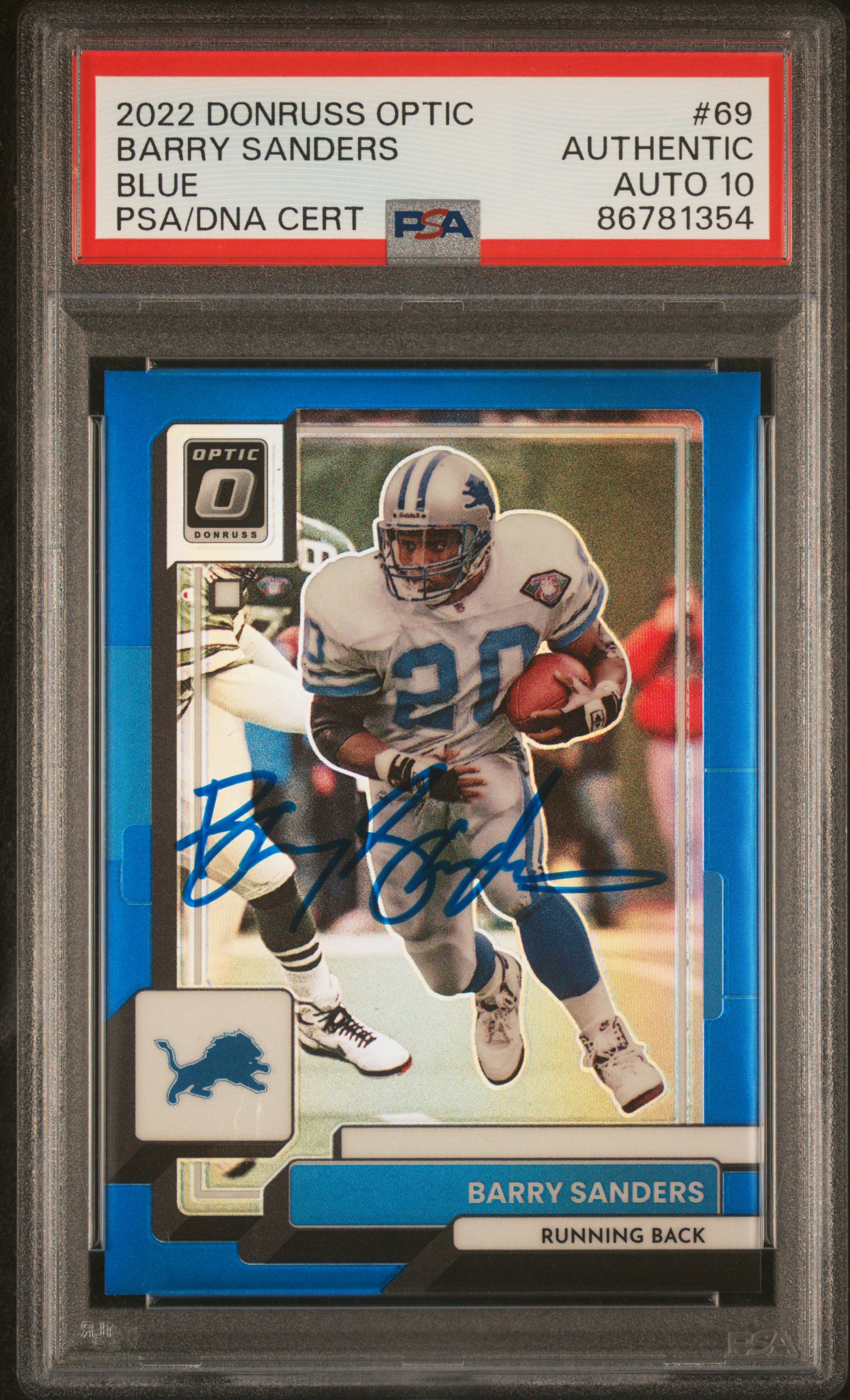 Barry Sanders 2022 Panini Donruss Optic Blue Signed Card #69 Auto PSA 10 94/179