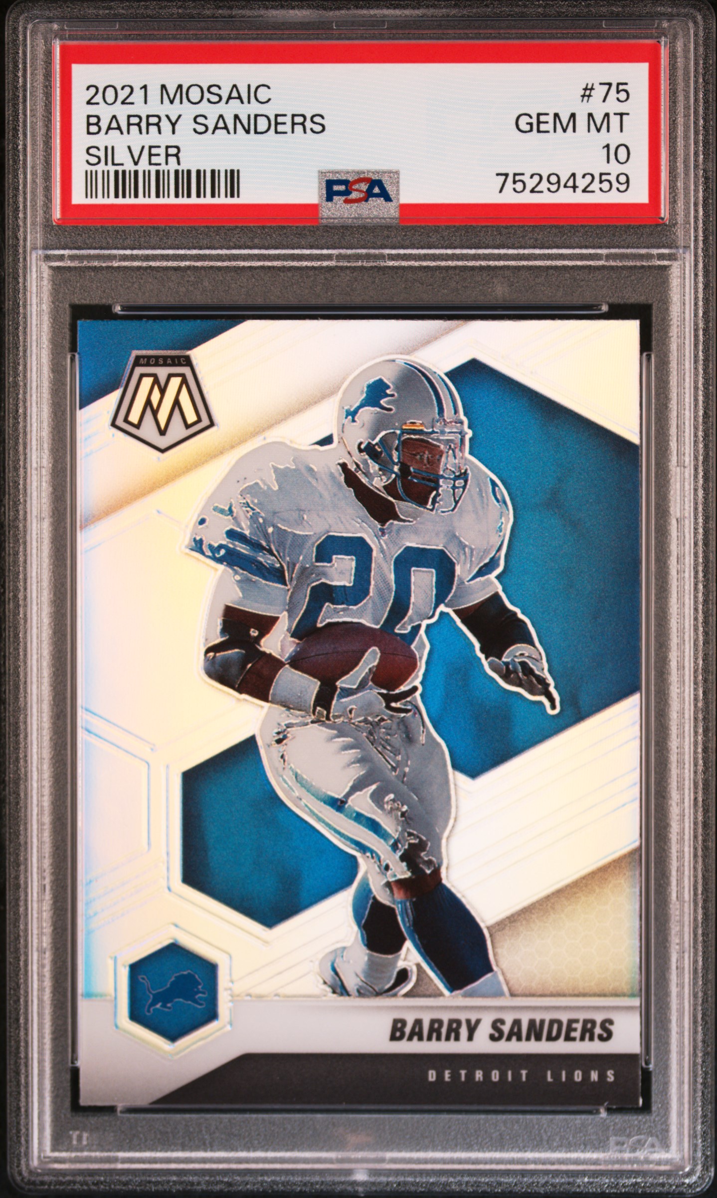 Barry Sanders 2021 Panini Mosaic Silver Prizm Football Card #75 Graded PSA 10