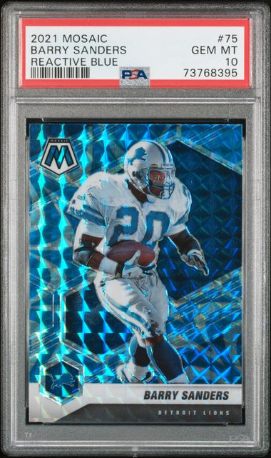 Barry Sanders 2021 Panini Mosaic Reactive Blue Football Card #75 PSA 10