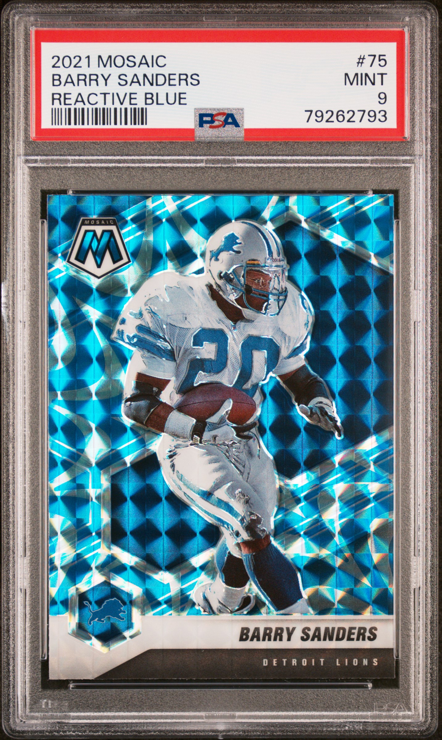 Barry Sanders 2021 Panini Mosaic Reactive Blue Football Card #75 PSA 9