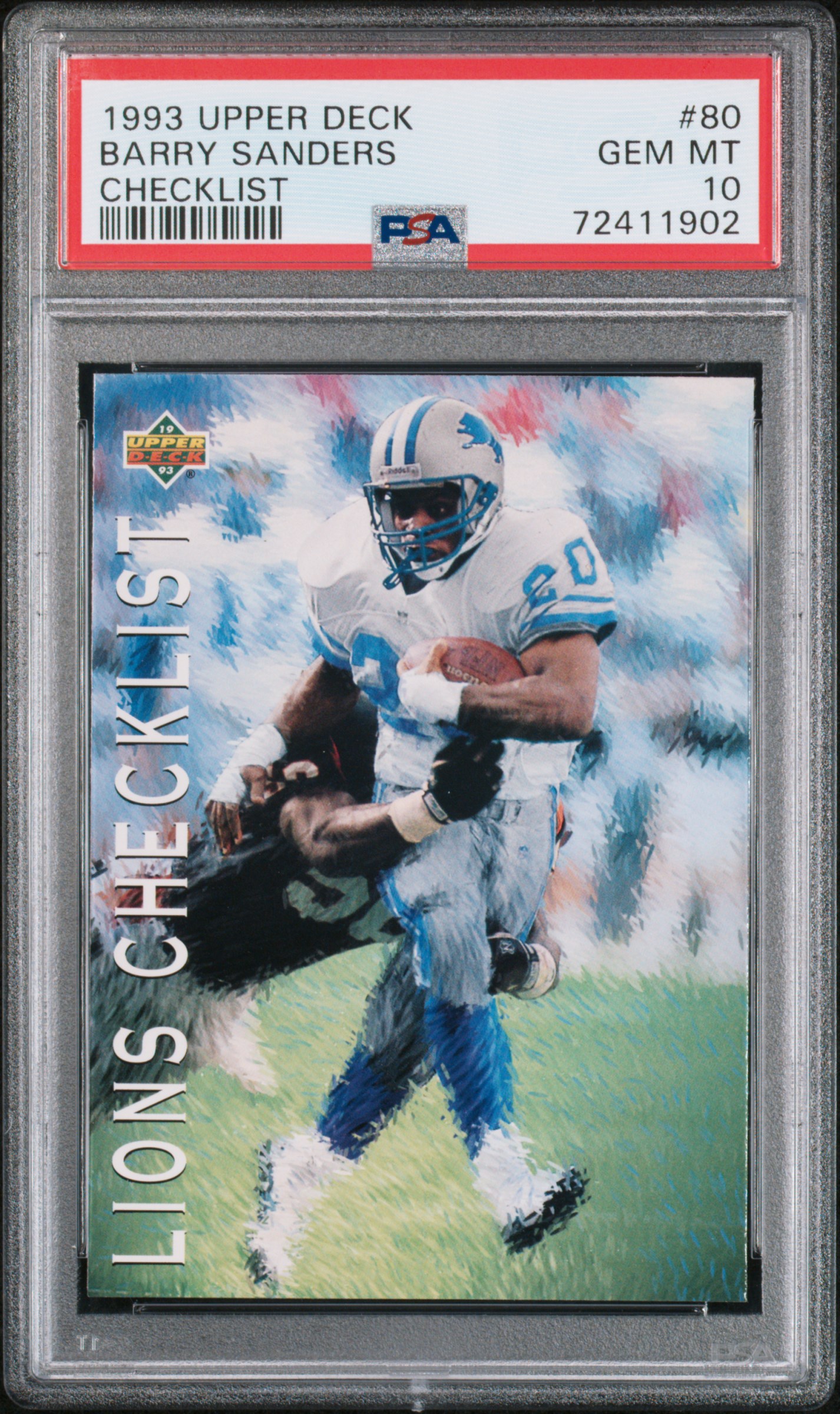 Barry Sanders 1993 Upper Deck Checklist Football Card #80 Graded PSA 10