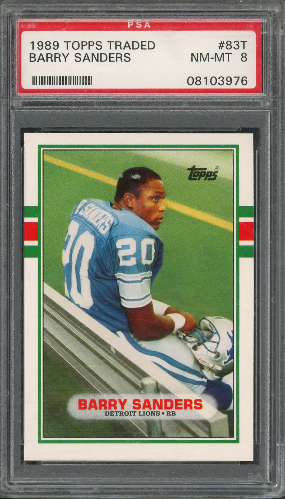 Barry Sanders 1989 Topps Traded Football Rookie Card RC #83T Graded PSA 8 Barry Sanders 1989 Topps Traded Football Rookie Card RC #83T Graded PSA 8