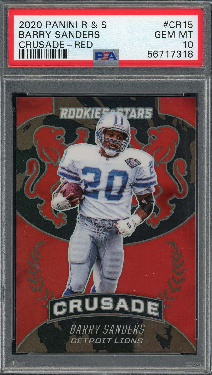 Barry Sanders 2020 Panini Rookies & Stars Crusade Red Card #CR15 PSA 10 Barry Sanders 2020 Panini Rookies & Stars Crusade Red Card #CR15 PSA 10