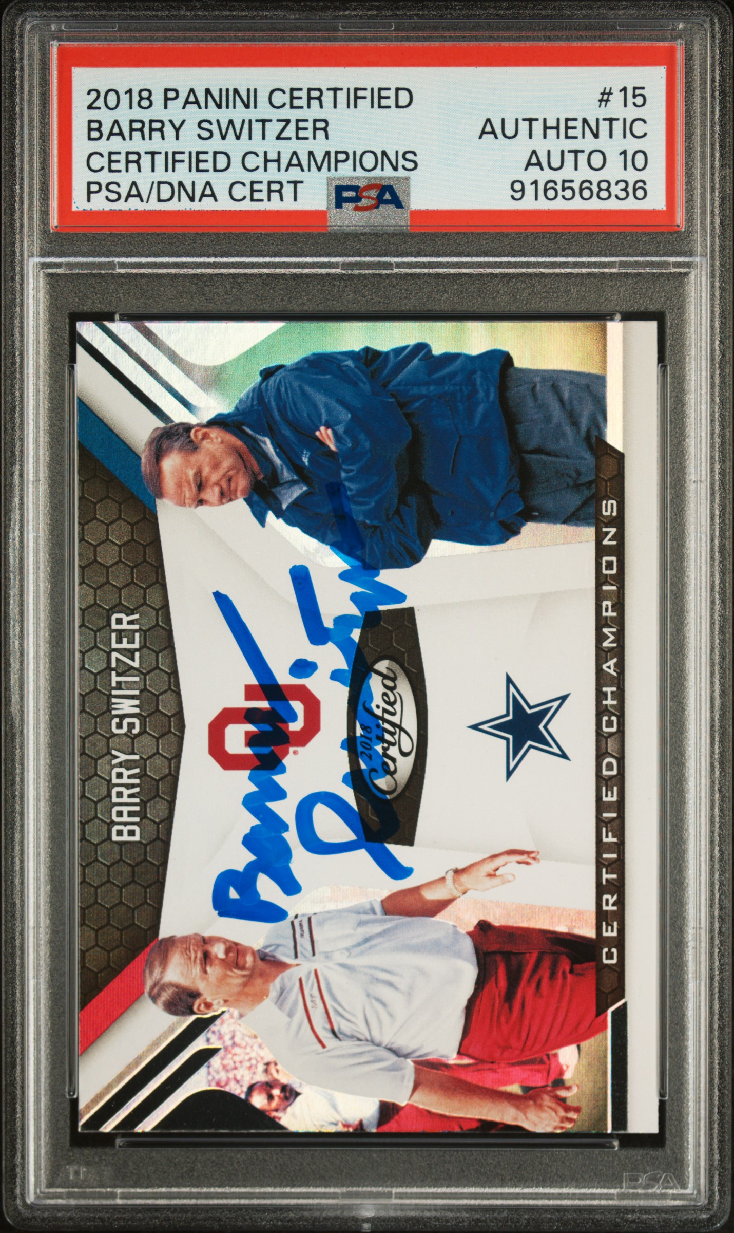 Barry Switzer 2018 Panini Certified Champions Signed Card #15 Auto Graded PSA 10