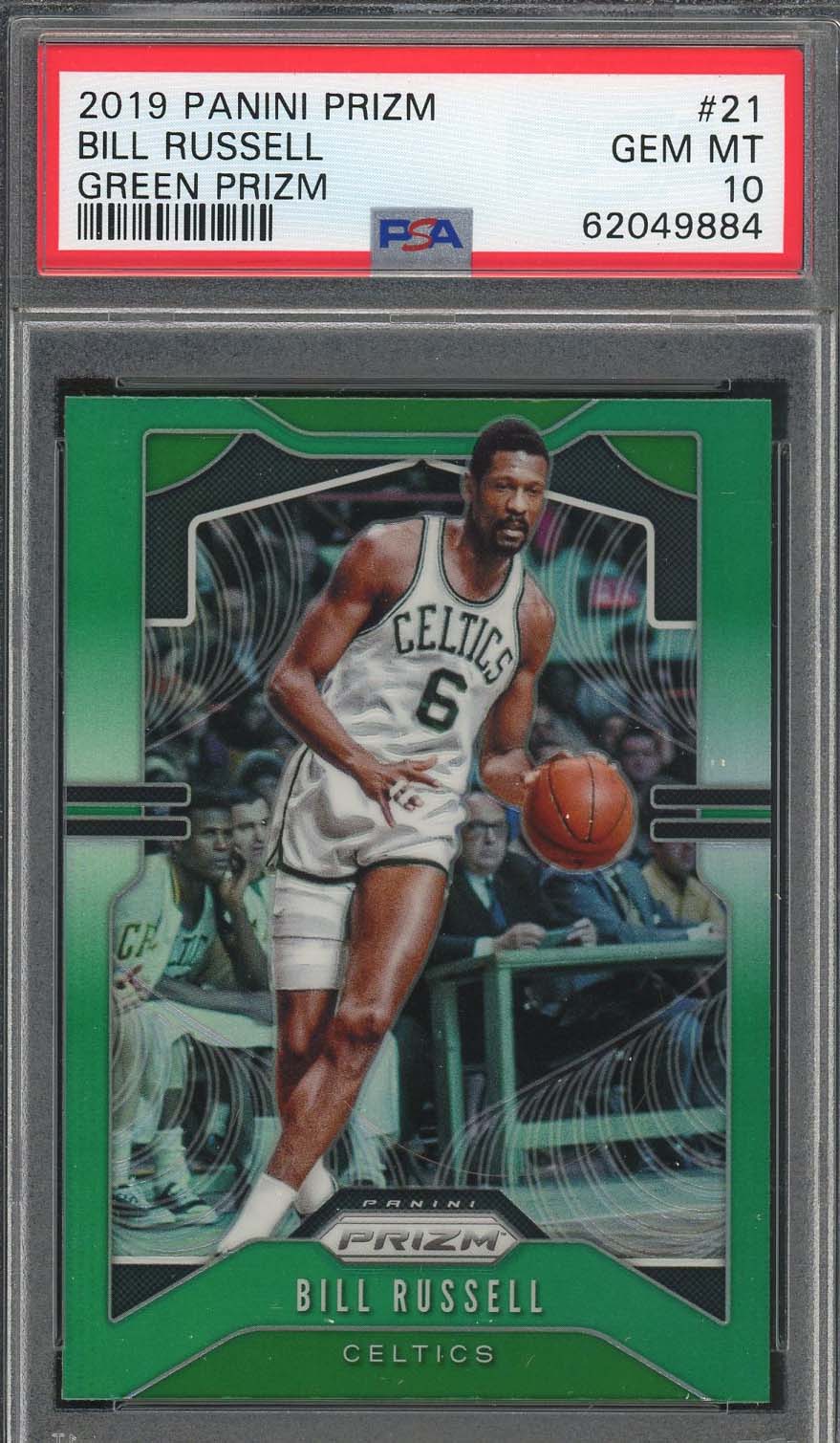 Bill Russell 2019 Panini Prizm Green Prizm Basketball Card #21 Graded PSA 10