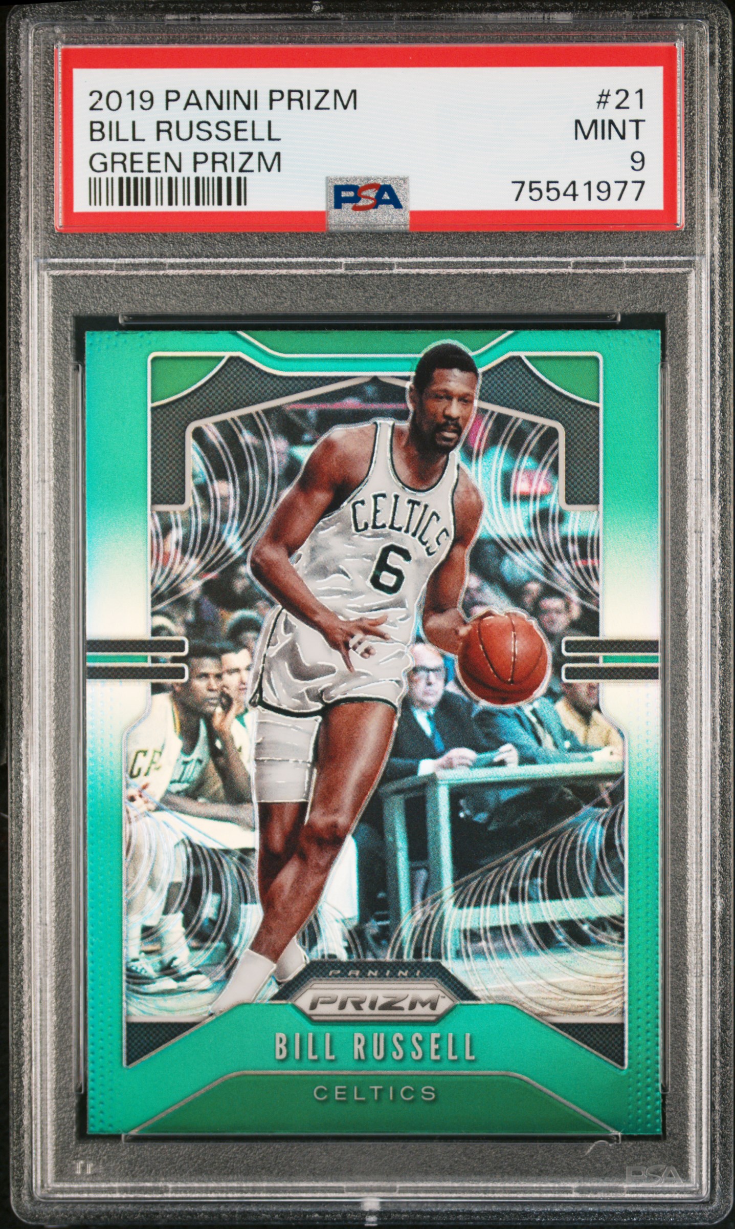 Bill Russell 2019 Panini Green Prizm Basketball Card #21 Graded PSA 9