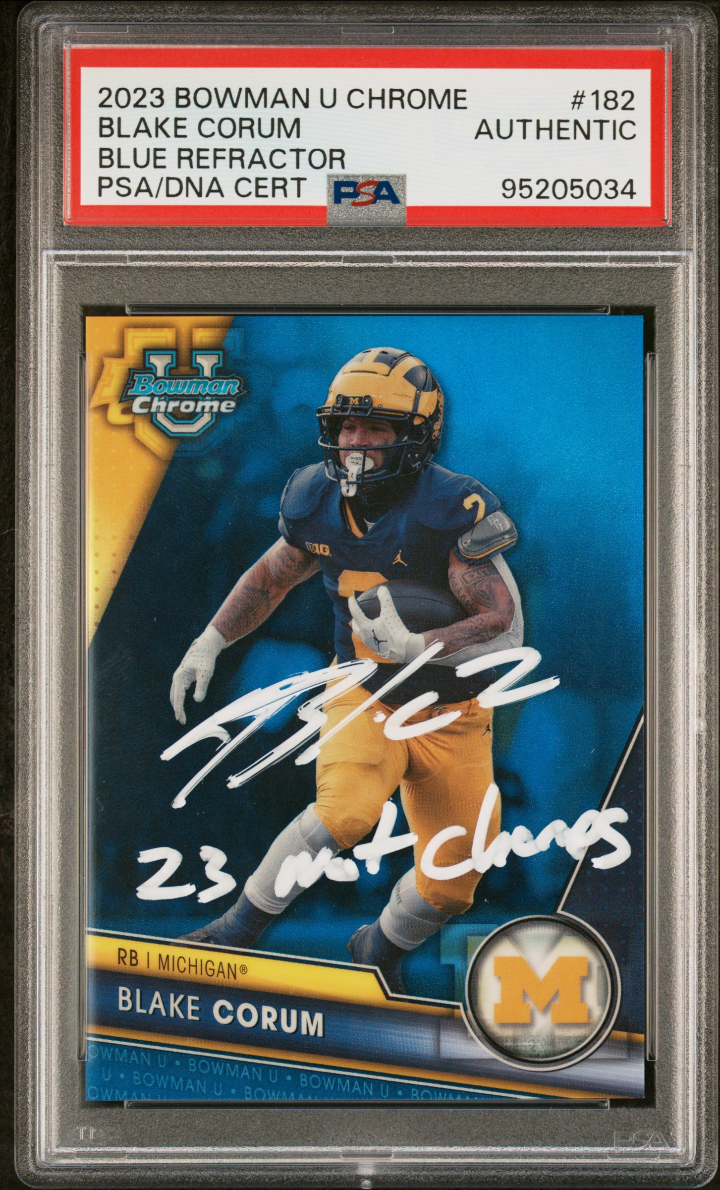 Blake Corum 2023 Bowman Chrome Blue Refractor Rookie Card #182 Auto PSA 132/199