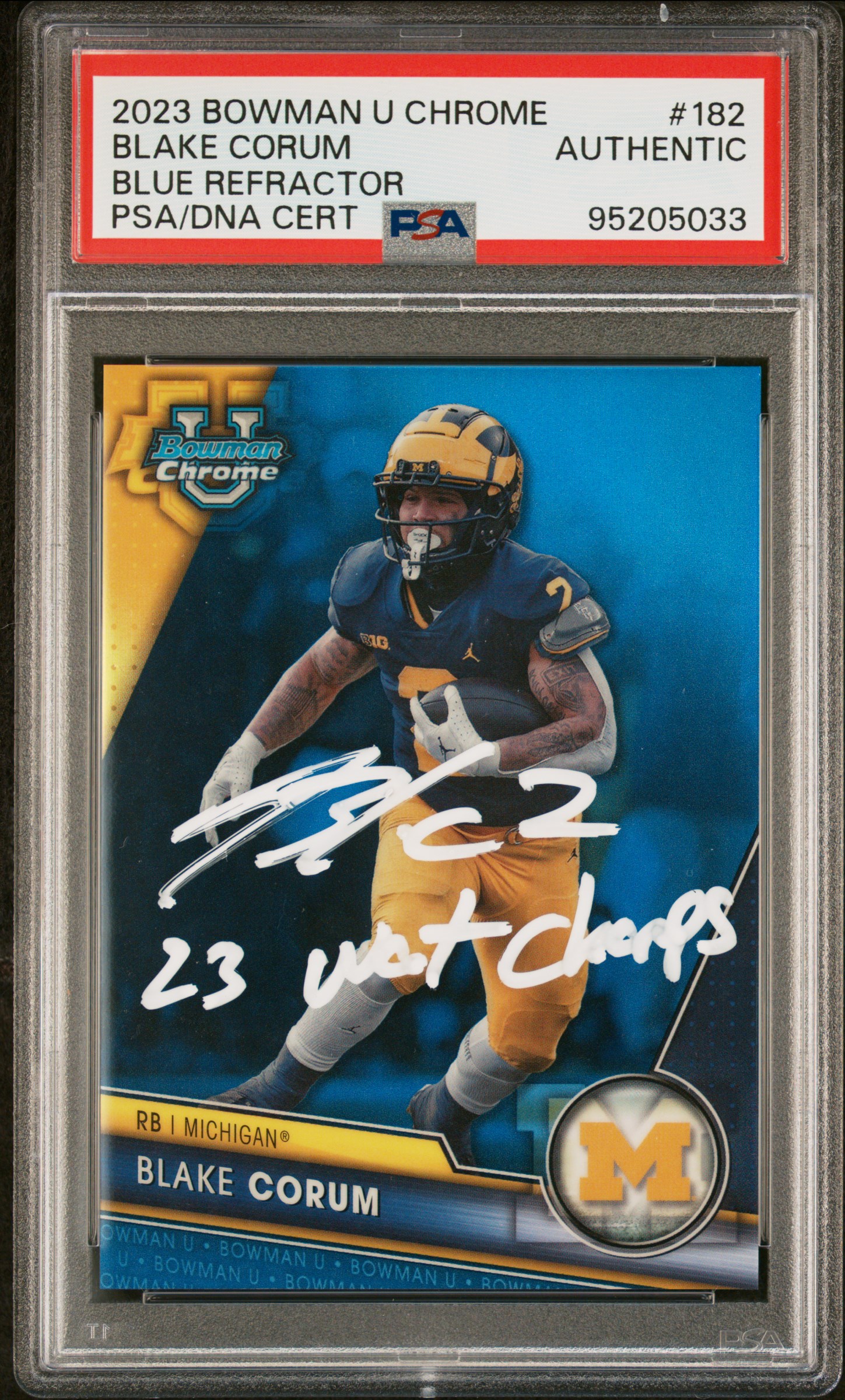Blake Corum 2023 Bowman Chrome Blue Refractor Rookie Card #182 Auto PSA 147/199