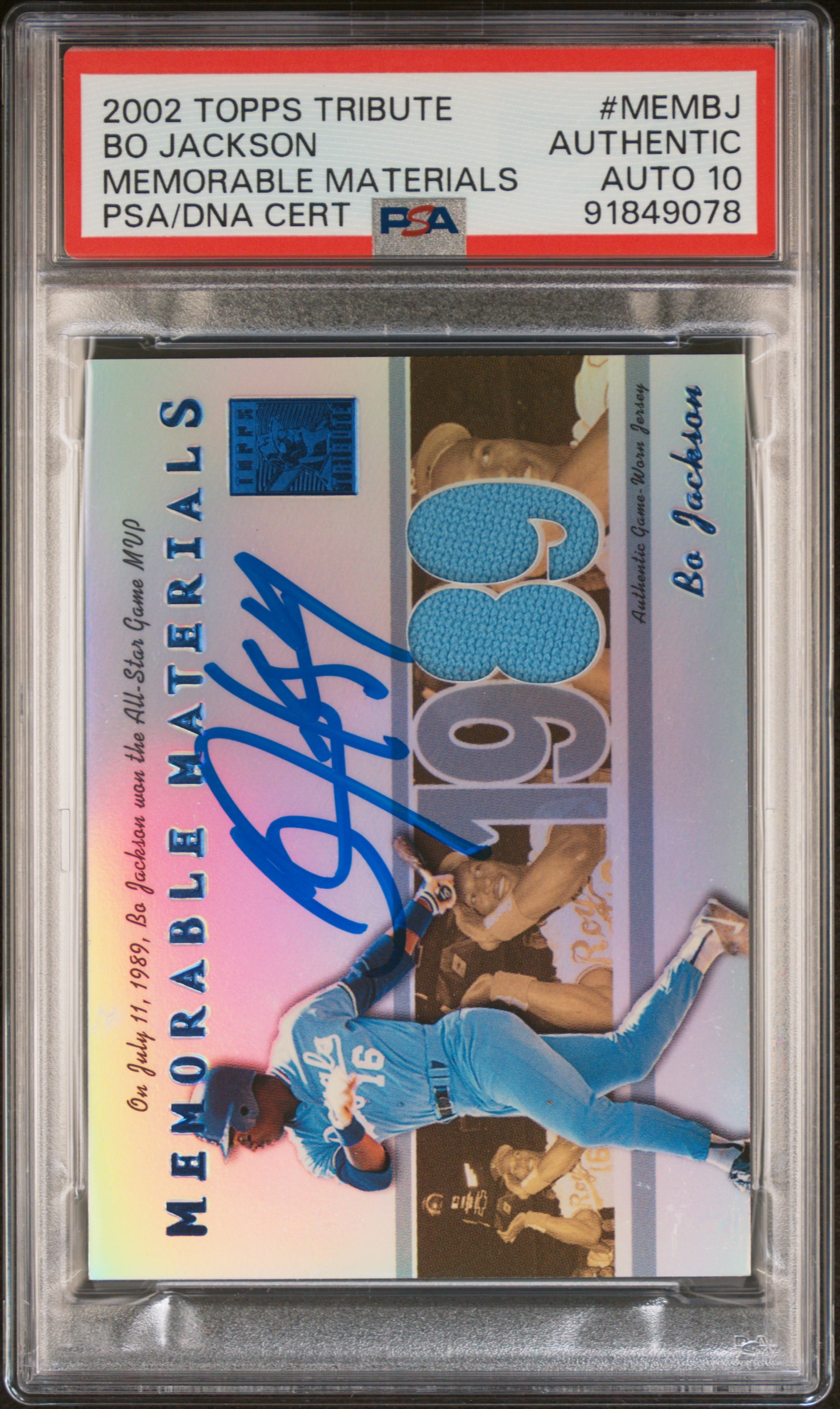 Bo Jackson 2002 Topps Tribute Game Used Jersey Signed Card Auto  PSA 10 70/89
