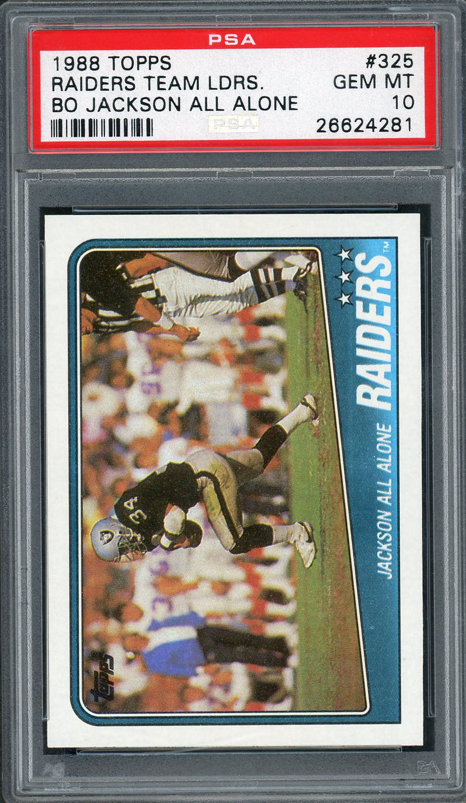 Bo Jackson Los Angeles Raiders 1988 Topps Team Leaders All Alone Football Rookie Card RC #325 Graded PSA 10 GEM MINT