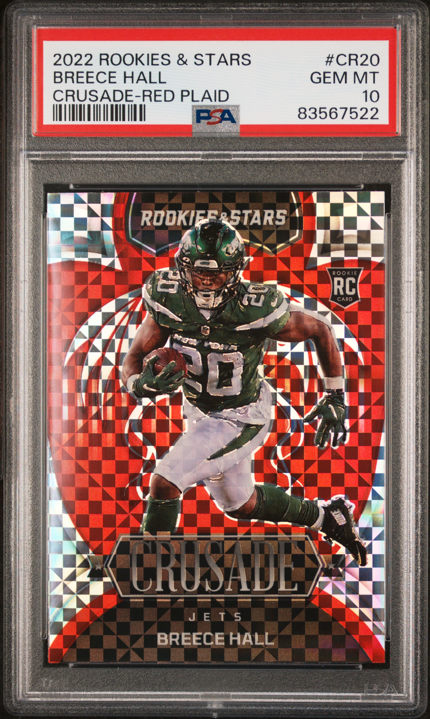 Breece Hall 2022 Panini Rookies & Stars Red Plaid Card #CR20 Graded PSA 10 Breece Hall 2022 Panini Rookies & Stars Red Plaid Card #CR20 Graded PSA 10
