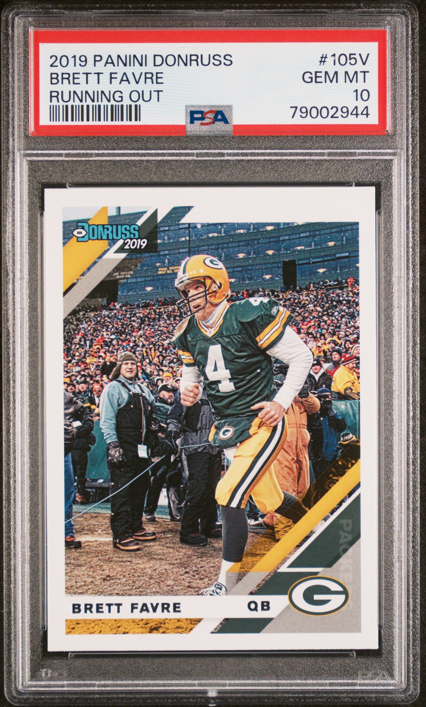 Brett Favre 2019 Panini Donruss Running Out Football Card #105V Graded PSA 10