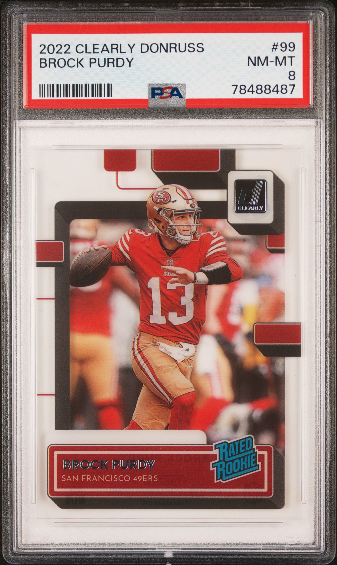 Brock Purdy 2022 Panini Clearly Donruss Football Rookie Card #99 Graded PSA 8