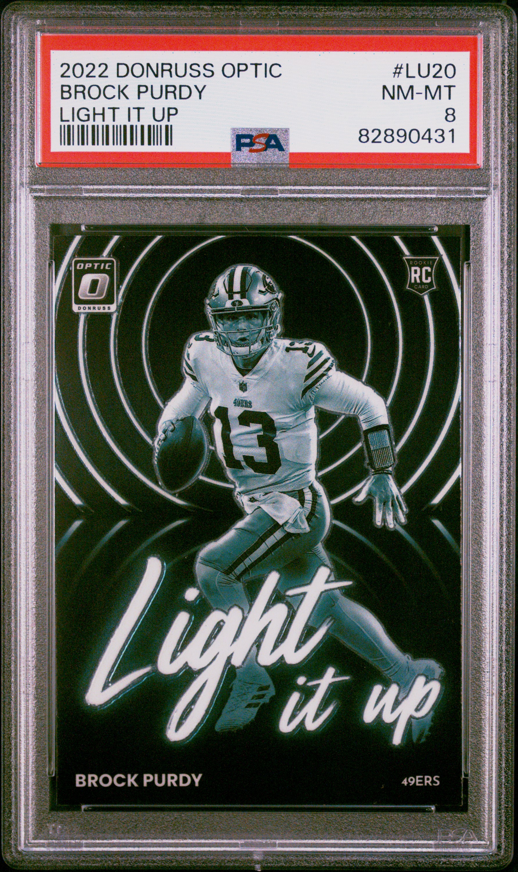Brock Purdy 2022 Panini Donruss Optic Light It Up Rookie Card #LU20 Graded PSA 8