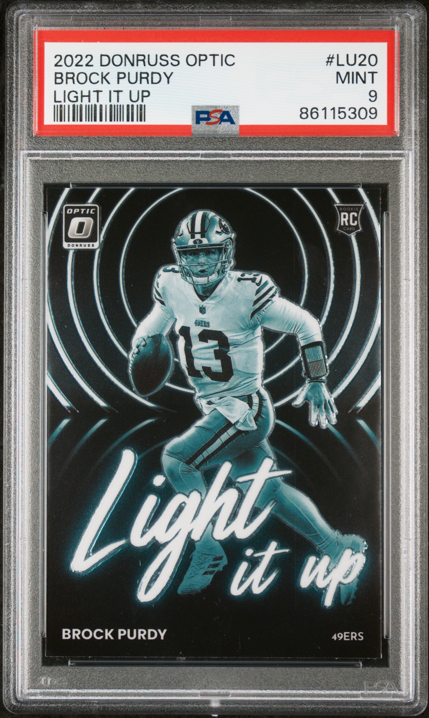Brock Purdy 2022 Panini Donruss Optic Light It Up Rookie Card #LU20 Graded PSA 9