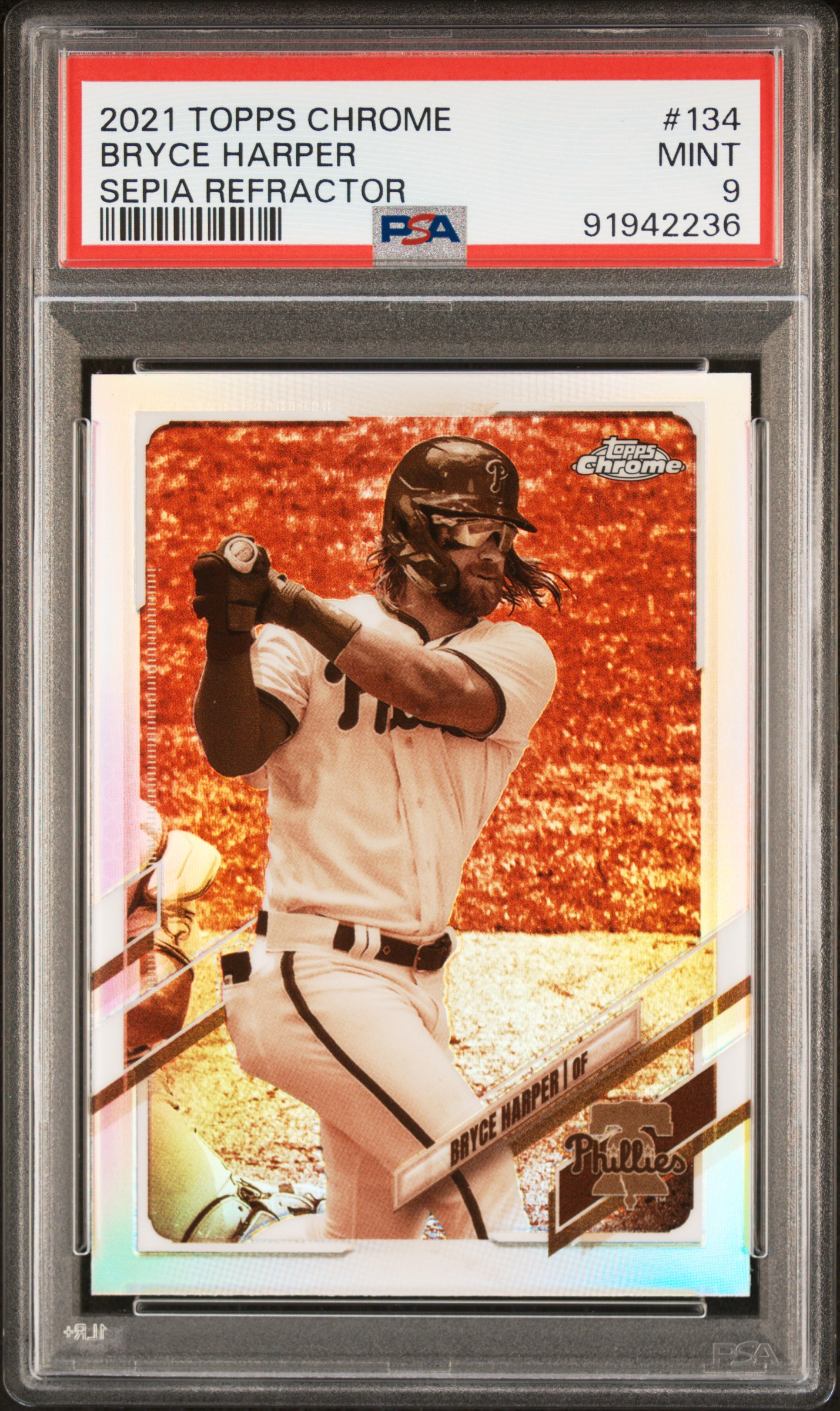Bryce Harper 2021 Topps Chrome Sepia Refractor Baseball Card #134 Graded PSA 9