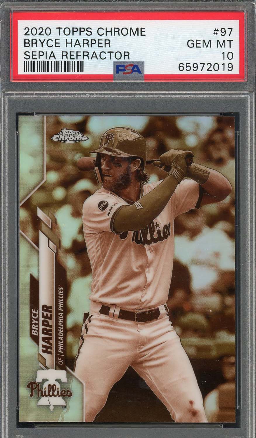 Bryce Harper 2020 Topps Chrome Sepia Refractor Baseball Card #97 Graded PSA 10 Bryce Harper 2020 Topps Chrome Sepia Refractor Baseball Card #97 Graded PSA 10