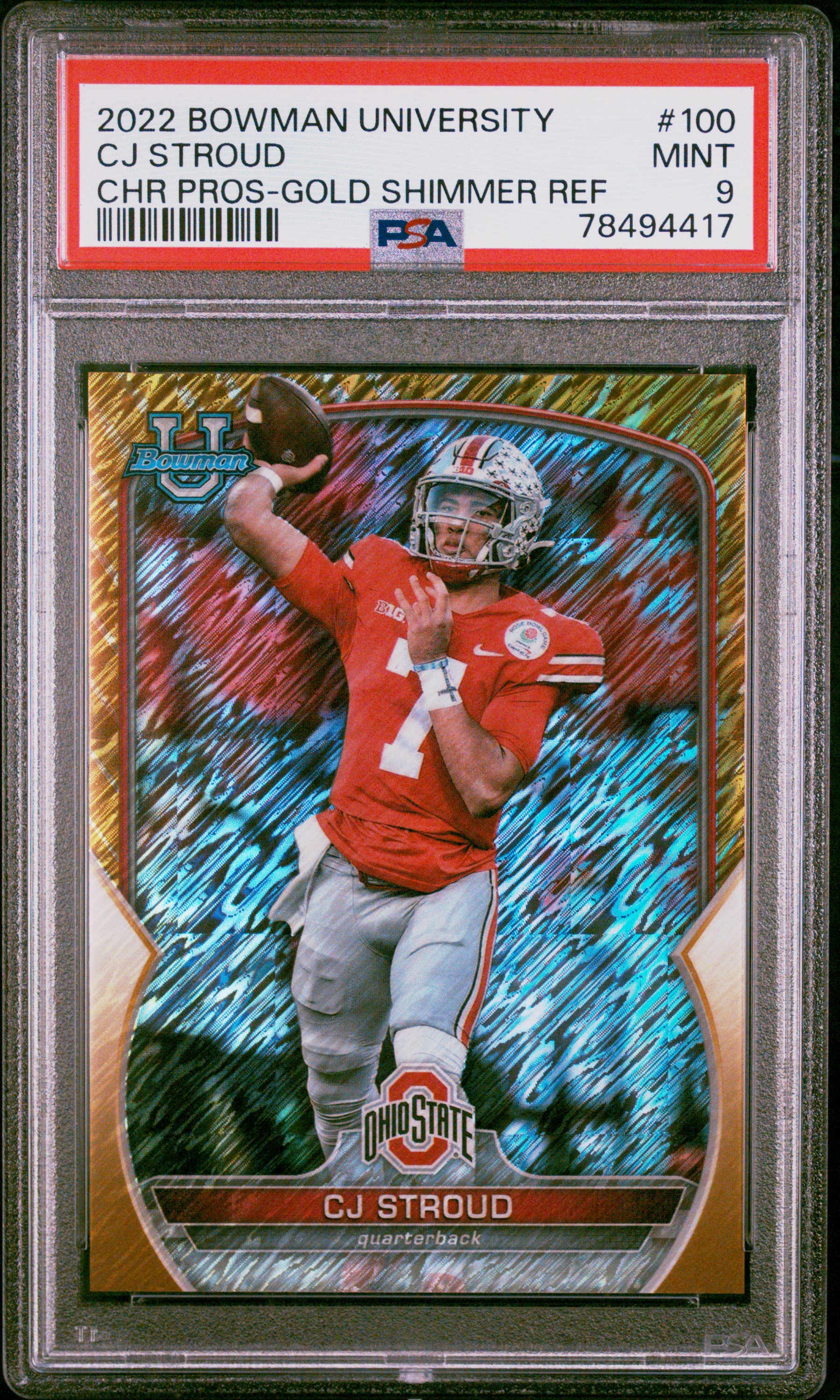 CJ Stroud 2022 Bowman University Gold Shimmer Refractor Rookie Card #100 PSA 9