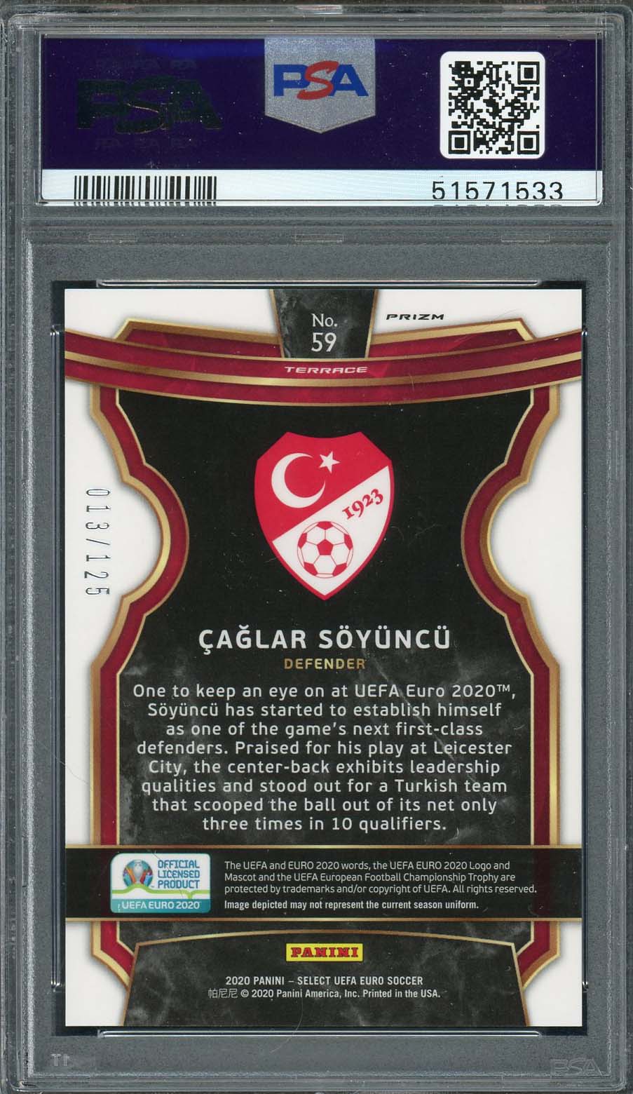 Caglar Soyuncu 2020 Select UEFA Euro Orange Prizm Card #59 PSA 9 /125 Caglar Soyuncu 2020 Select UEFA Euro Orange Prizm Card #59 PSA 9 /125
