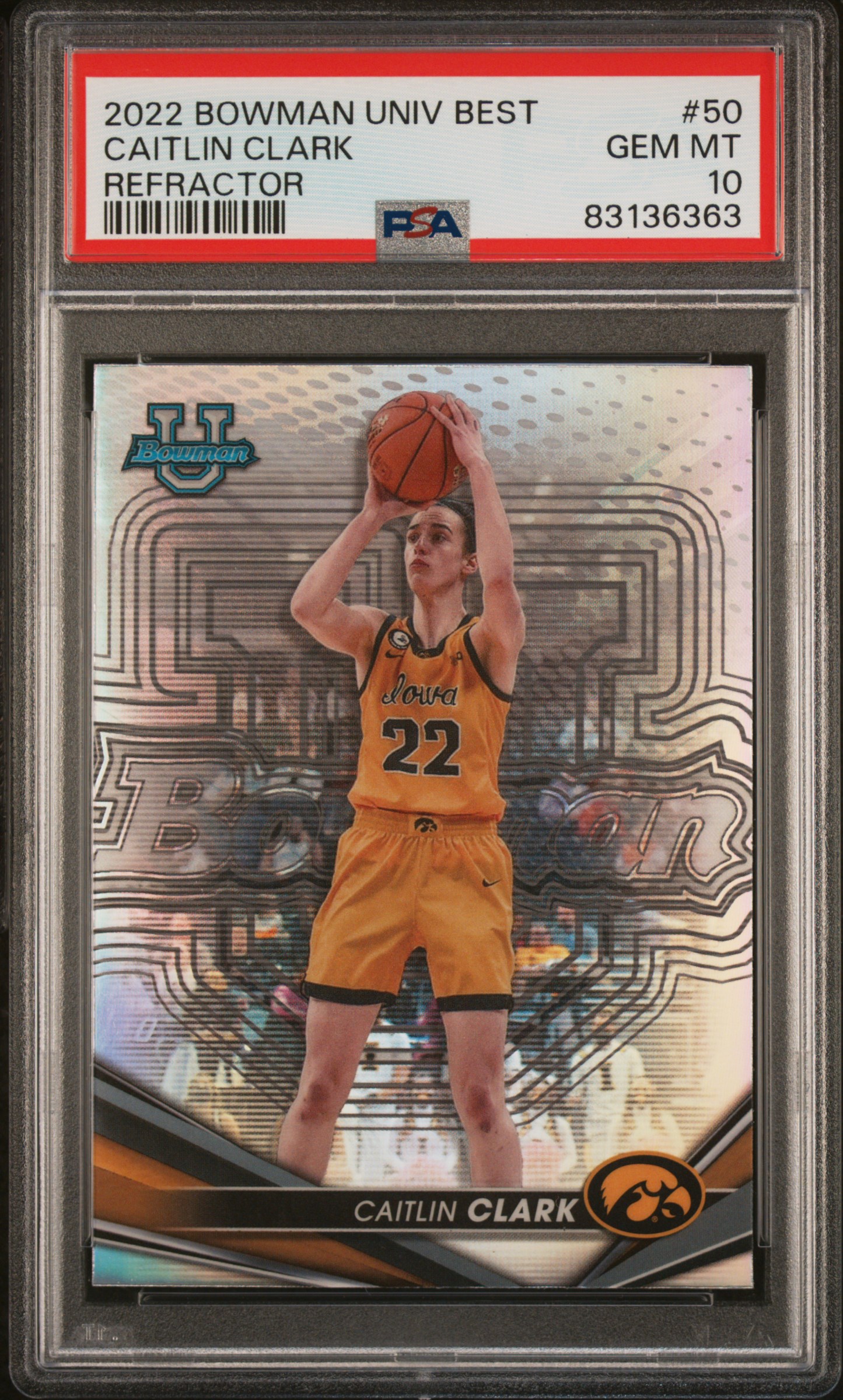 Caitlin Clark 2022 Bowman University Best Refractor Rookie Card #50 PSA 10