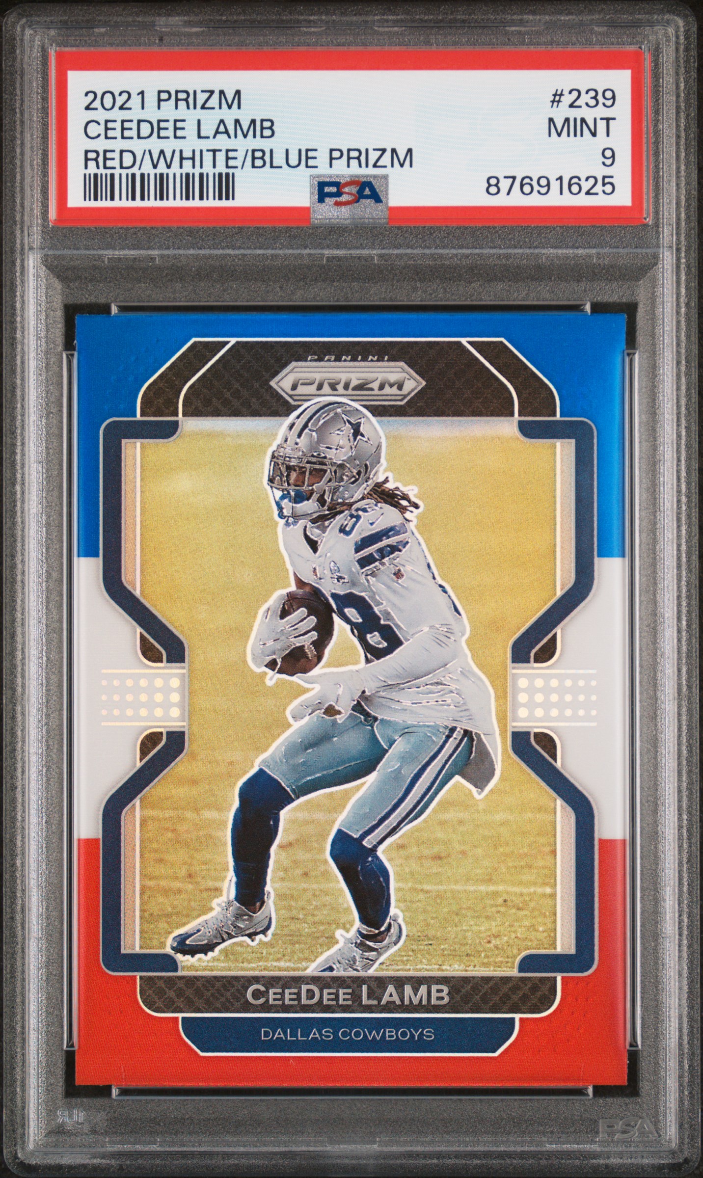 CeeDee Lamb 2021 Panini Prizm Red White Blue Football Card #239 Graded PSA 9