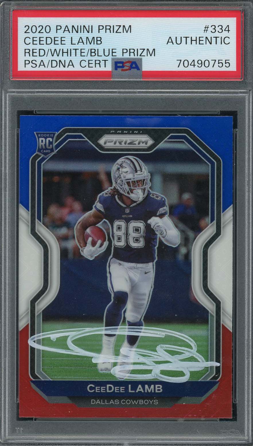CeeDee Lamb 2020 Panini Red White Blue Prizm Signed Rookie Card #334 Auto PSA