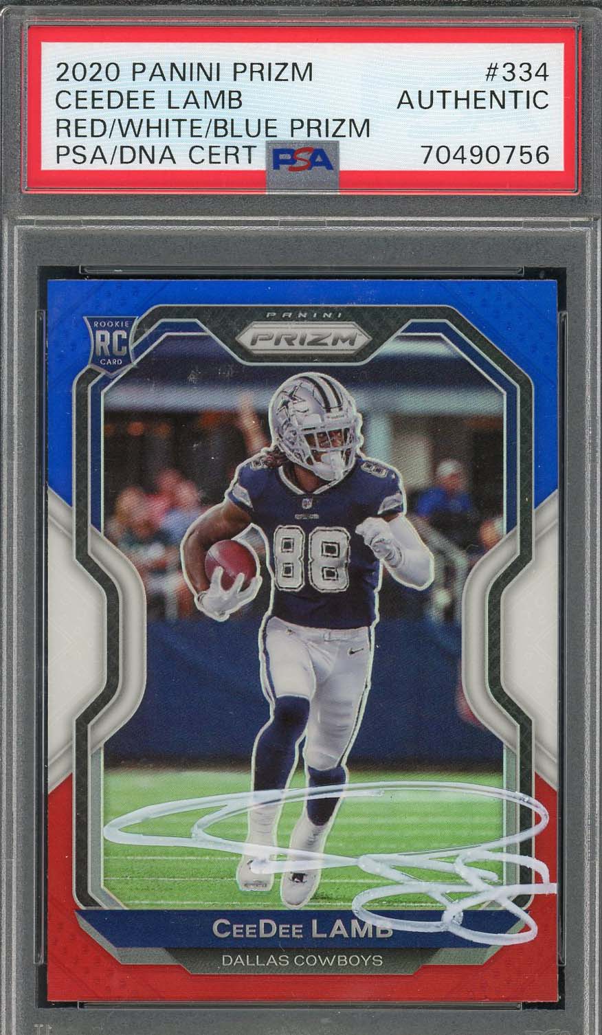 CeeDee Lamb 2020 Panini Red White Blue Prizm Signed Rookie Card #334 Auto PSA B