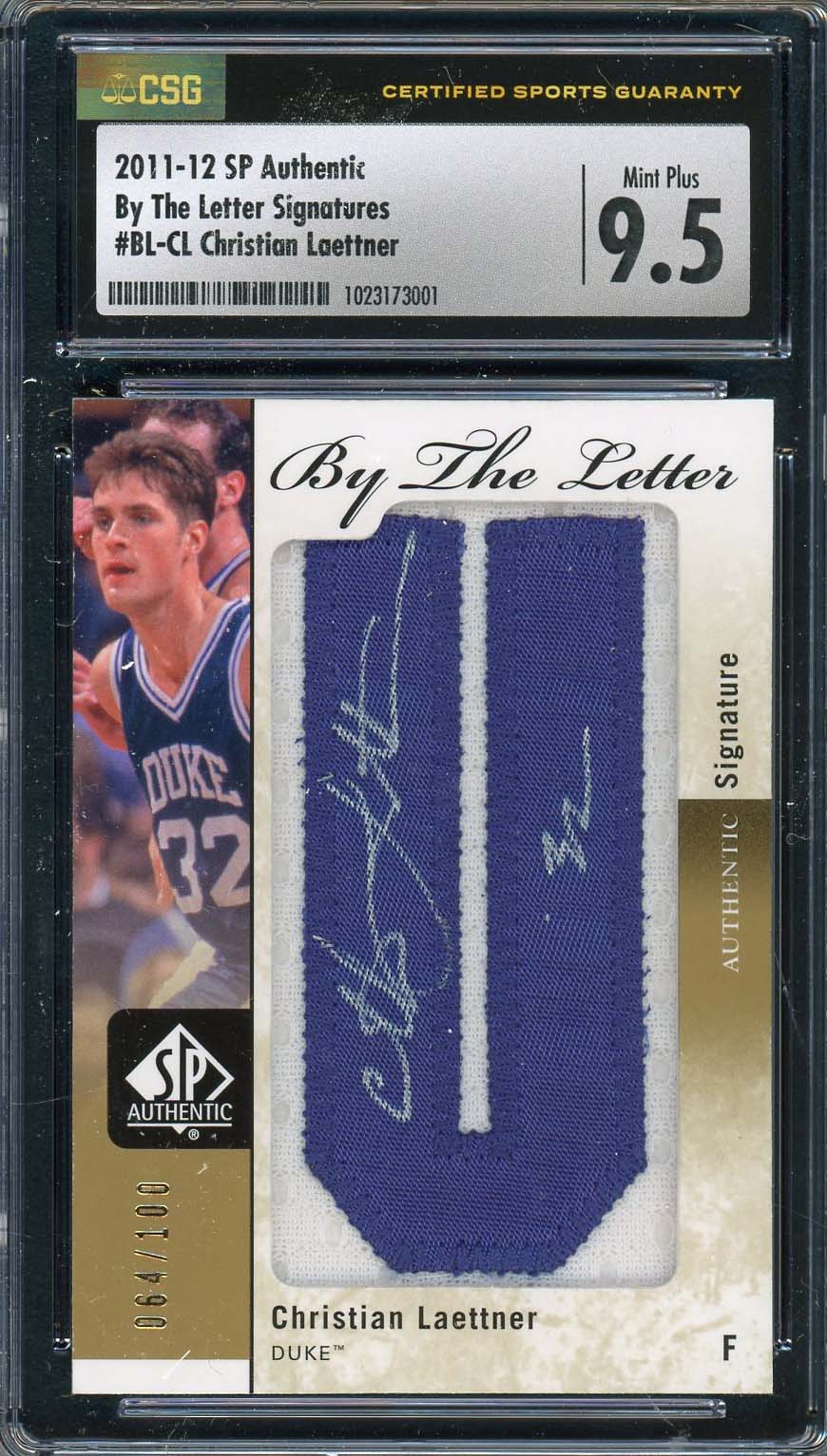 Christian Laettner 2011 SP Authentic By the Letter Signed Auto Card CSG 9.5 /100