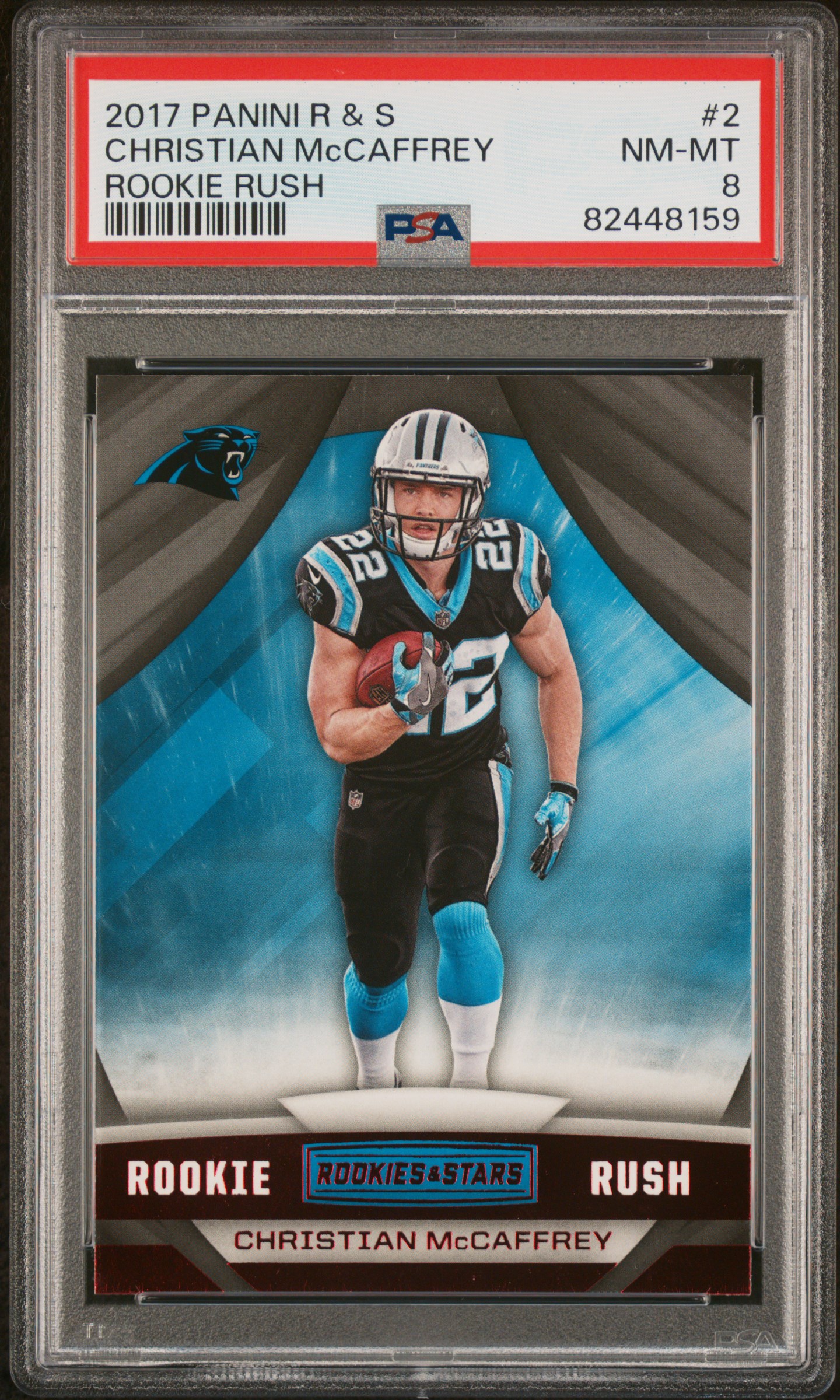 Christian McCaffrey 2017 Panini Rookies & Stars Rookie Rush Card #2 Graded PSA 8