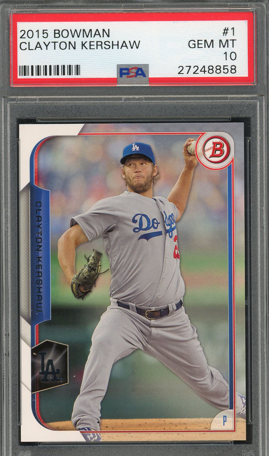 Clayton Kershaw 2015 Bowman Baseball Card #1 Graded PSA 10 GEM MINT Clayton Kershaw 2015 Bowman Baseball Card #1 Graded PSA 10 GEM MINT