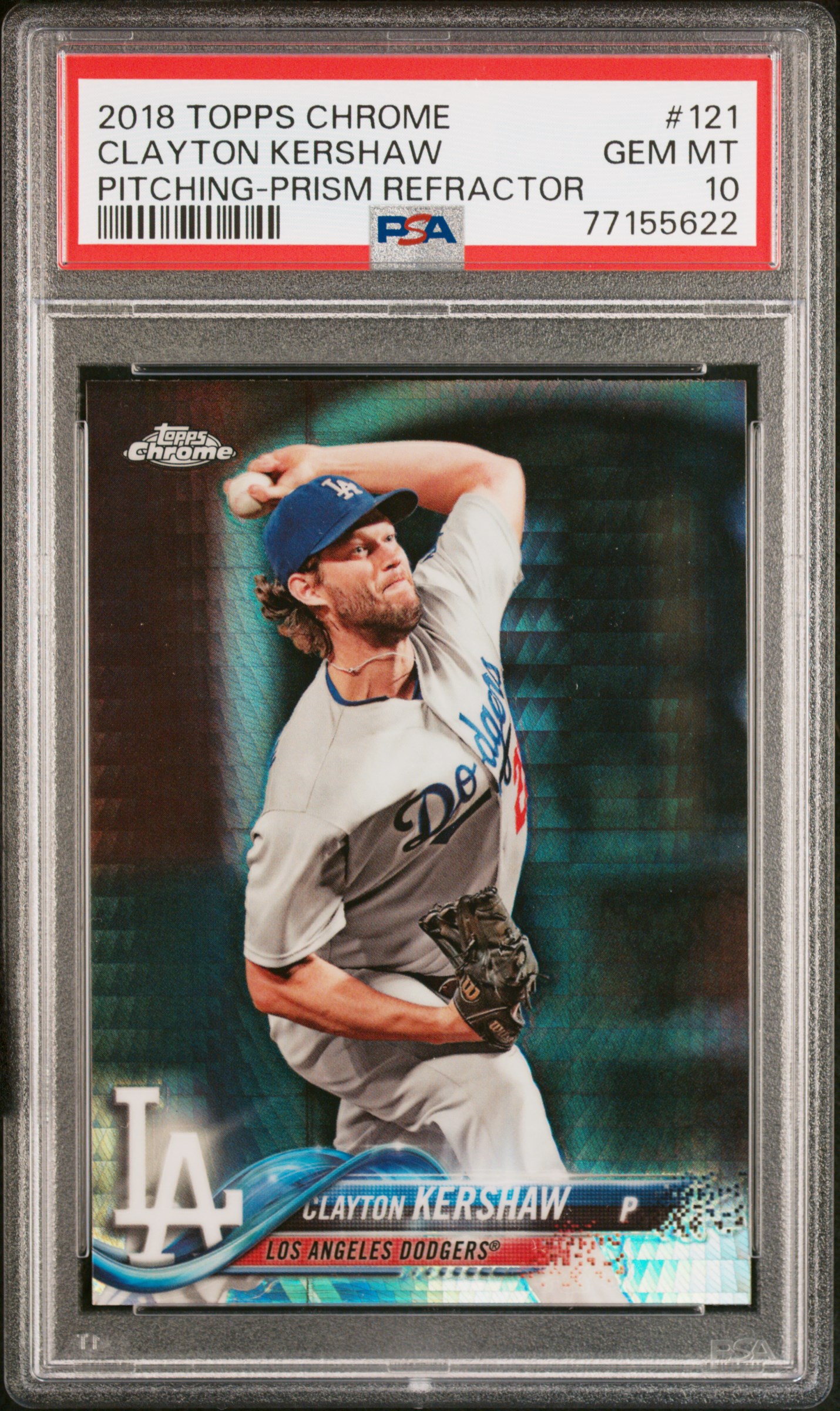 Clayton Kershaw 2018 Topps Chrome Prism Refractor Baseball Card #121 PSA 10